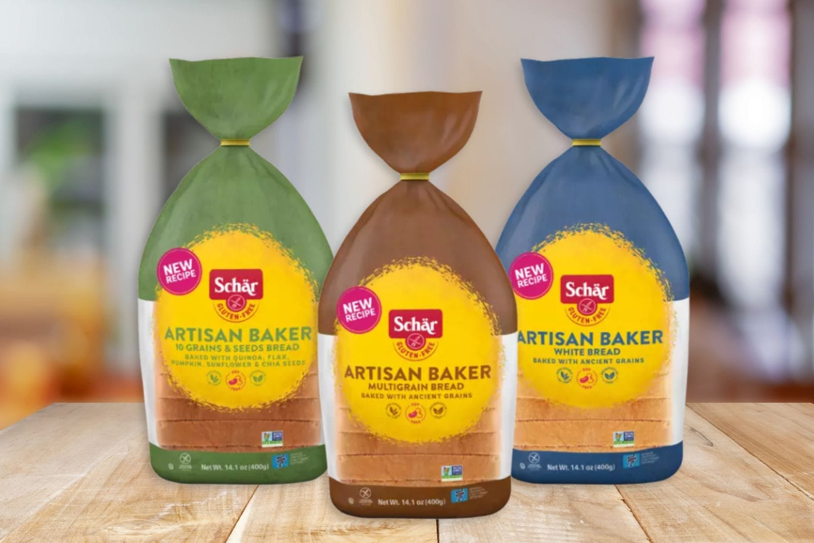 three loaves of Dr. Schar soy-free bread in packages
