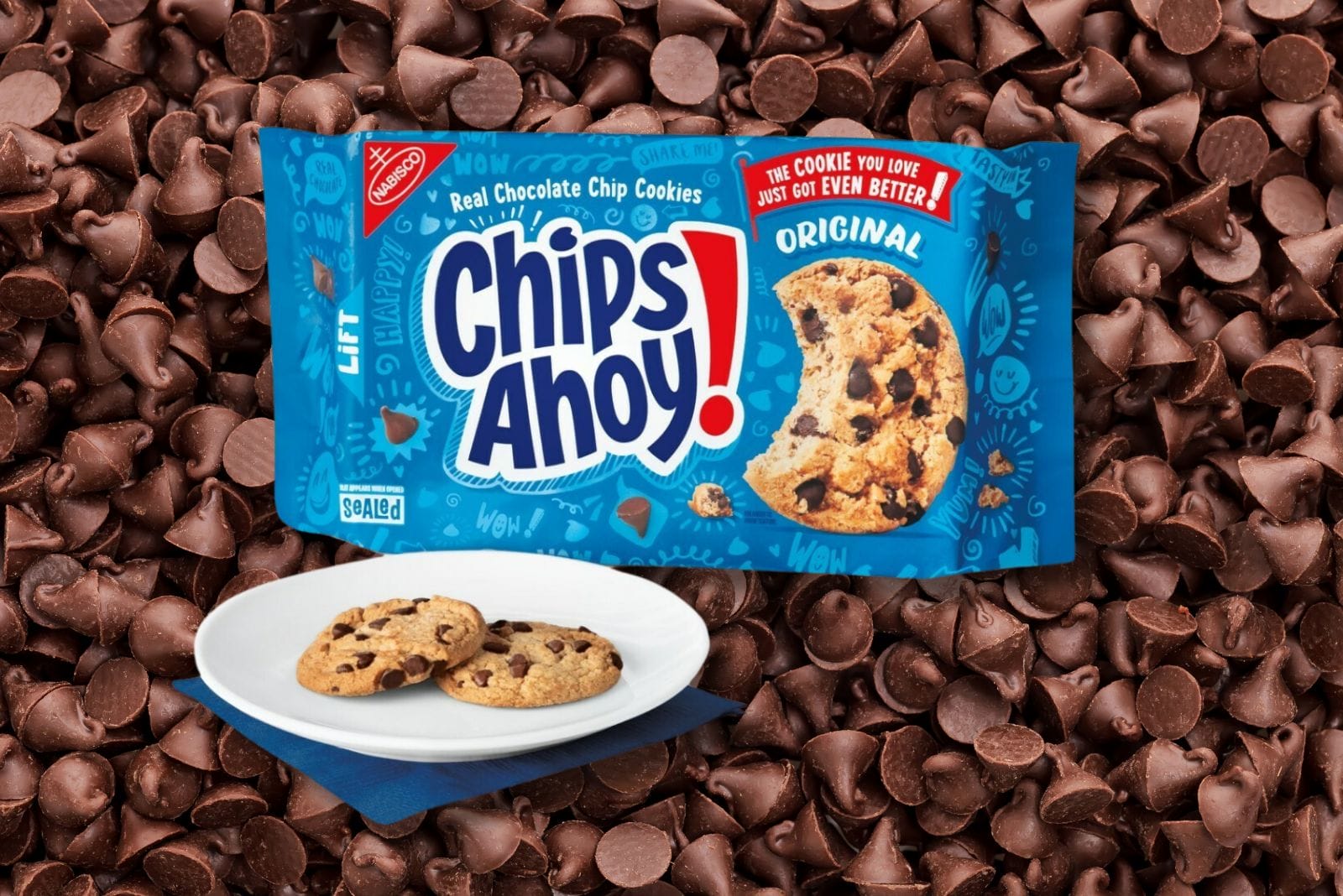 Chips Ahoy chocolate chip cookies in a package and on a plate