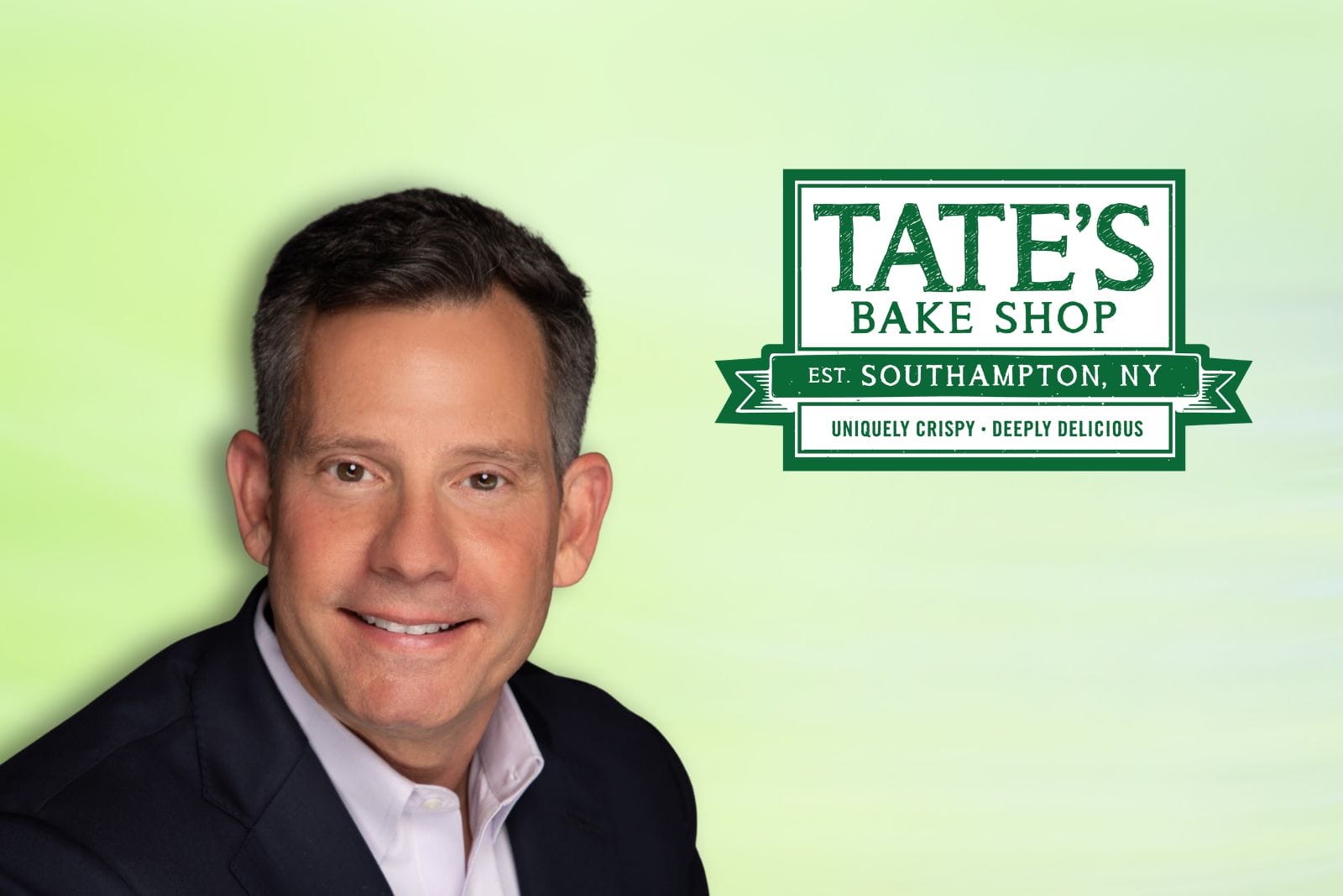 Tate's Bake Shop logo next to executive on green background