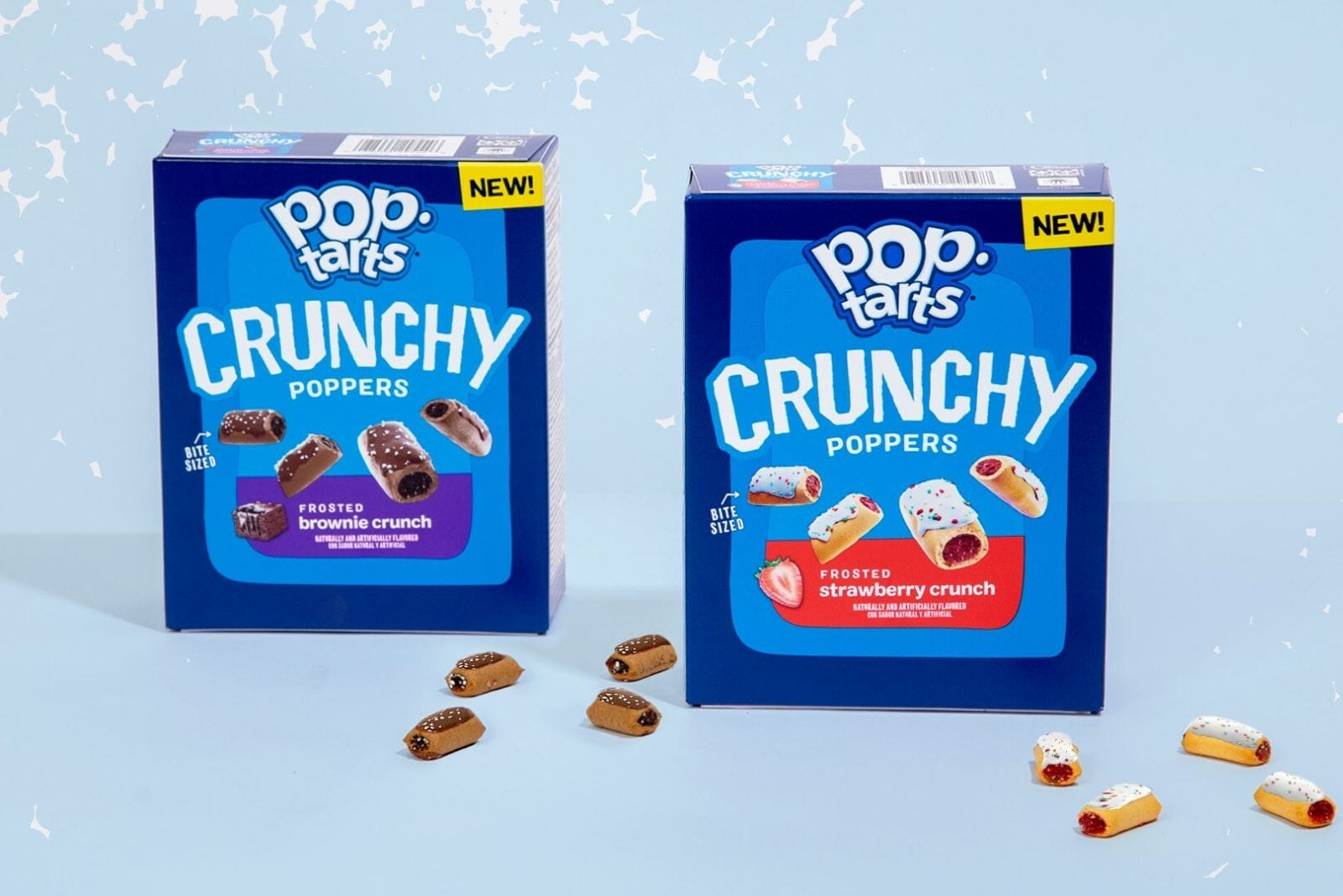 Two boxes of PopTarts Crunchy Poppers on blue backdrop