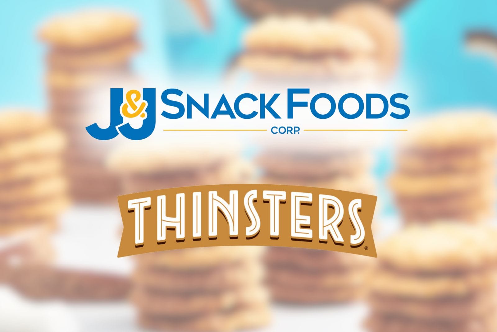 J&J Snack Foods and thinsters logo on top of blurry cookies