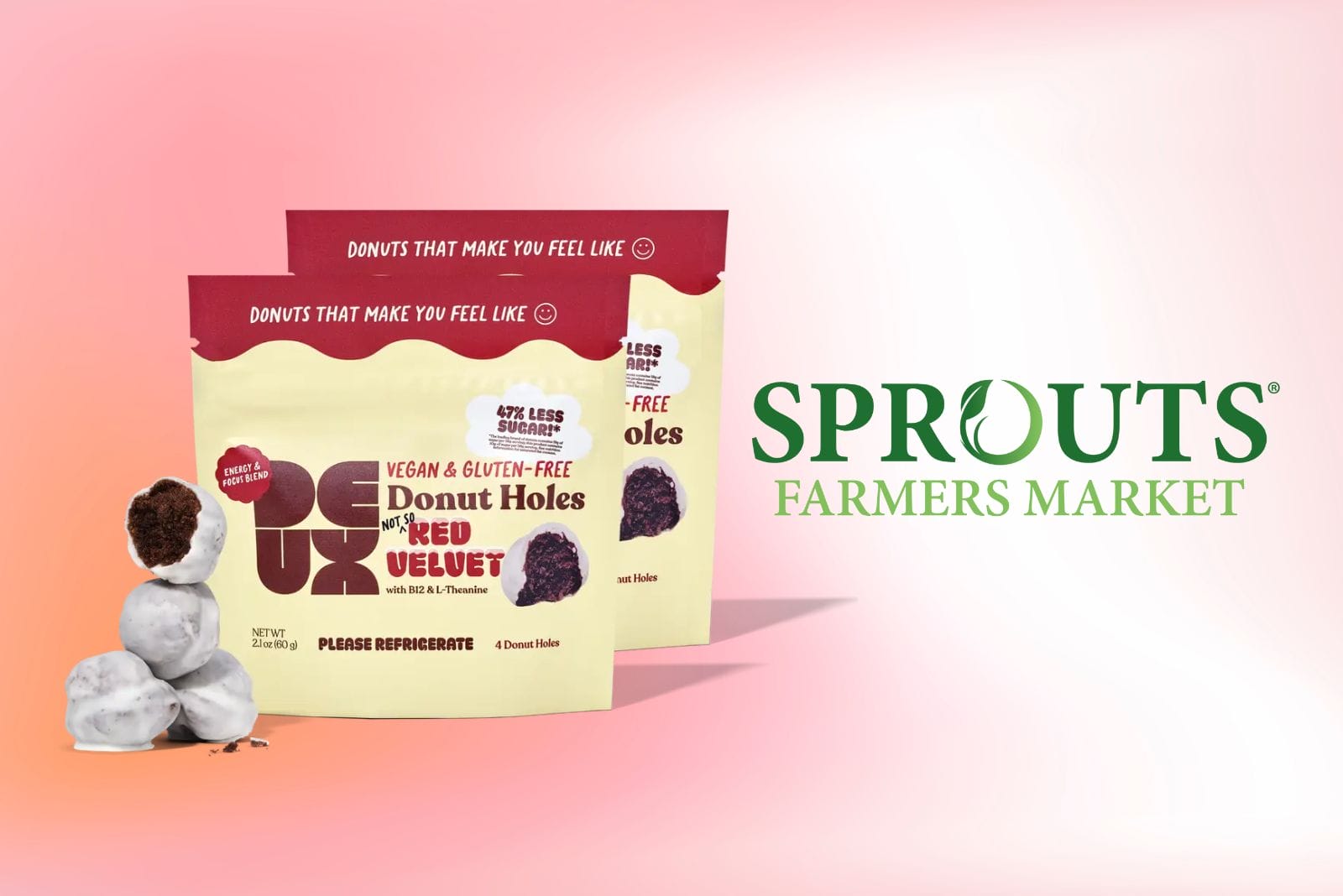 Red velvet DEUX donut holes packaging next to Sprouts Farmers Market logo