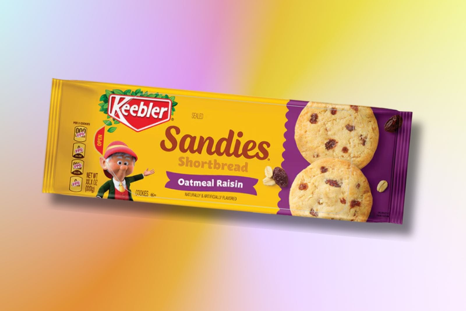Keebler Oatmeal Raisin Sandies cookies package on yellow and purple backdrop