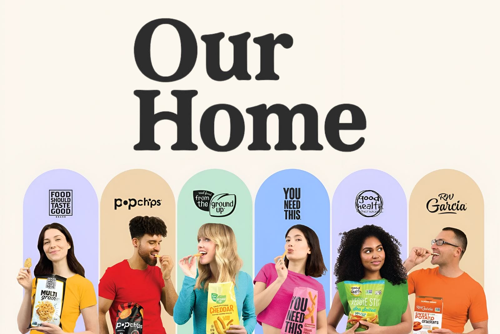 Our Home logo above colored bars that show the company's brand logos and people eating a product from each brand