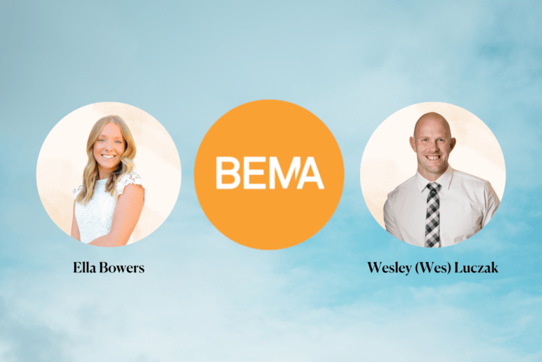 Ella Bowers and Wesley Luczak next to BEMA logo