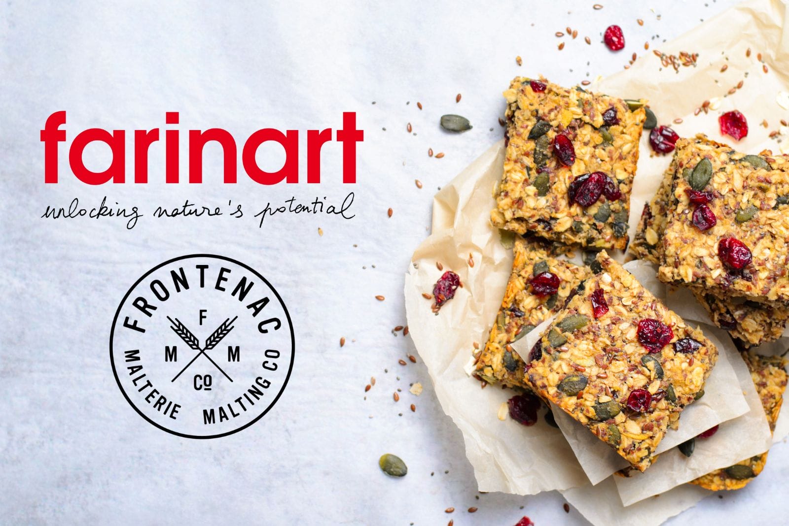 Farinart and Malterie Frontenac logos next to baked bars featuring grains and seeds