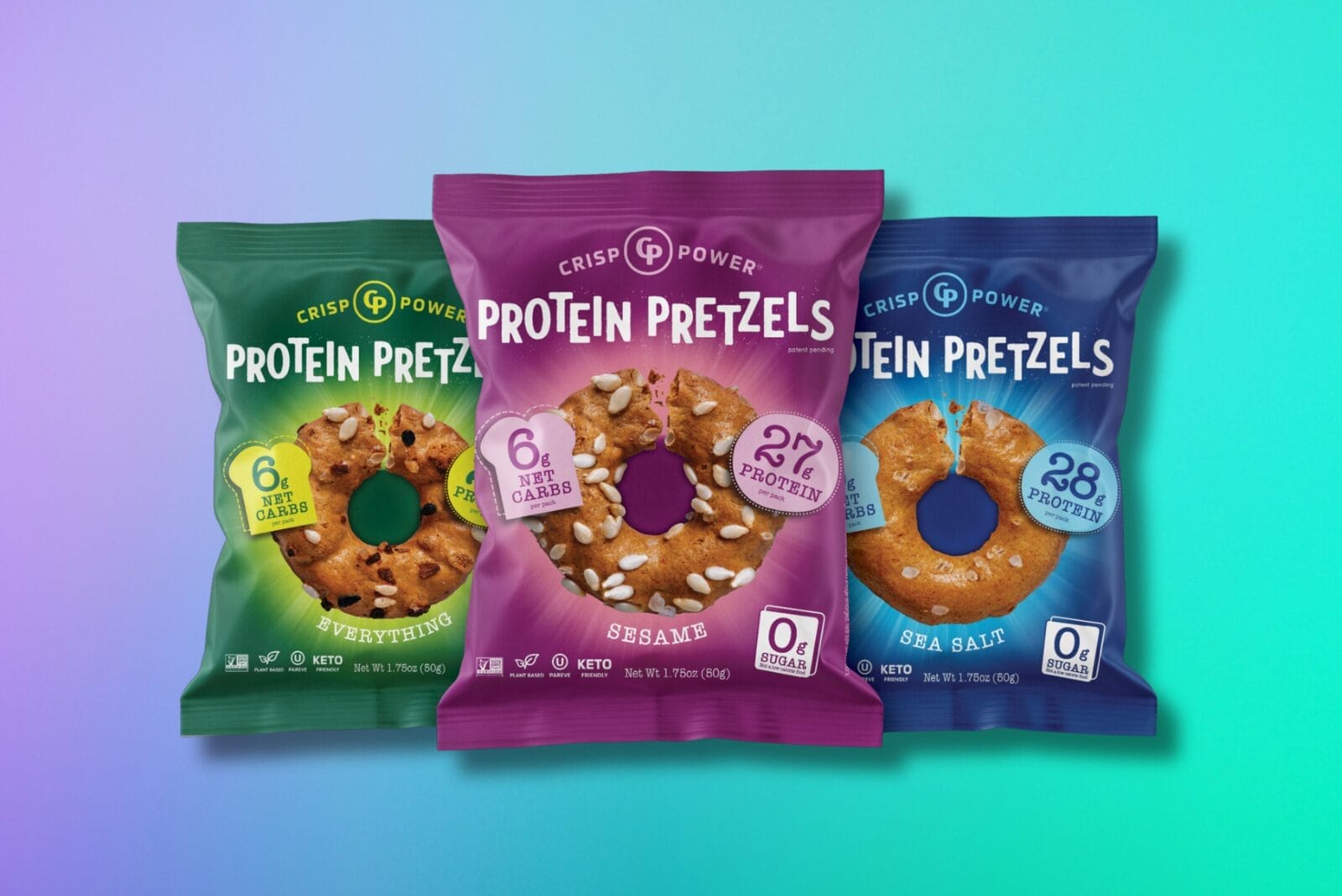 Crisp power protein pretzels in everything, sesame, and sea salt flavors