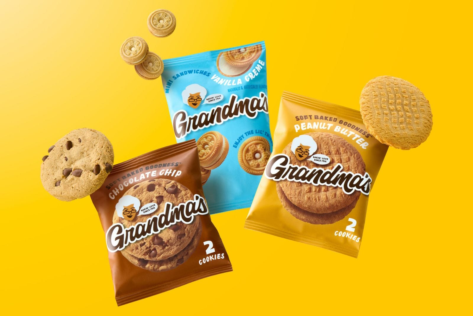 Floating packages of Grandma's Cookies in chocolate chip, vanilla creme, and peanut butter flavors