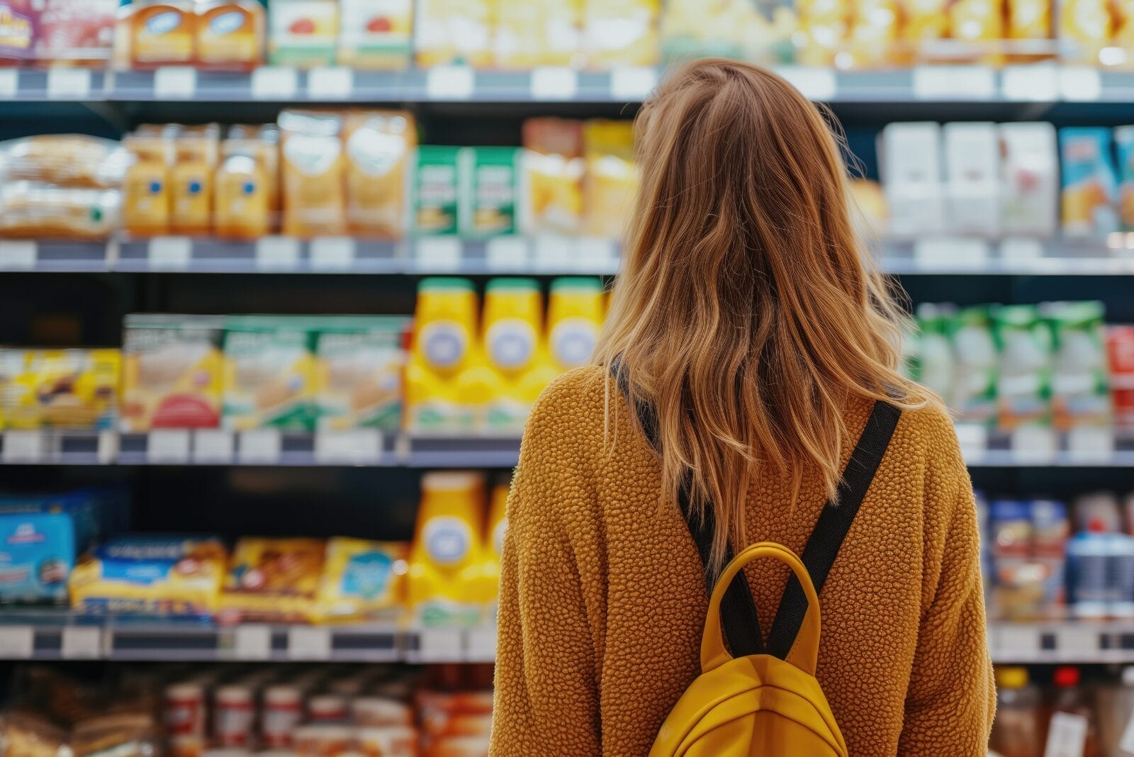 Woman shopper stands facing grocery store aisle