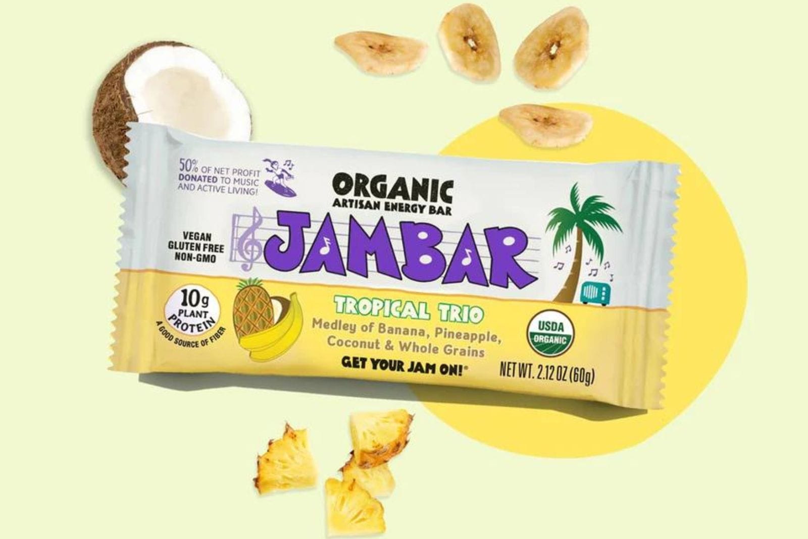 PHOTO OF JAMBAR TROPICAL TRIO PACKAGE ON TOP OF COCONUT, BANANA AND PINEAPPLE PIECES