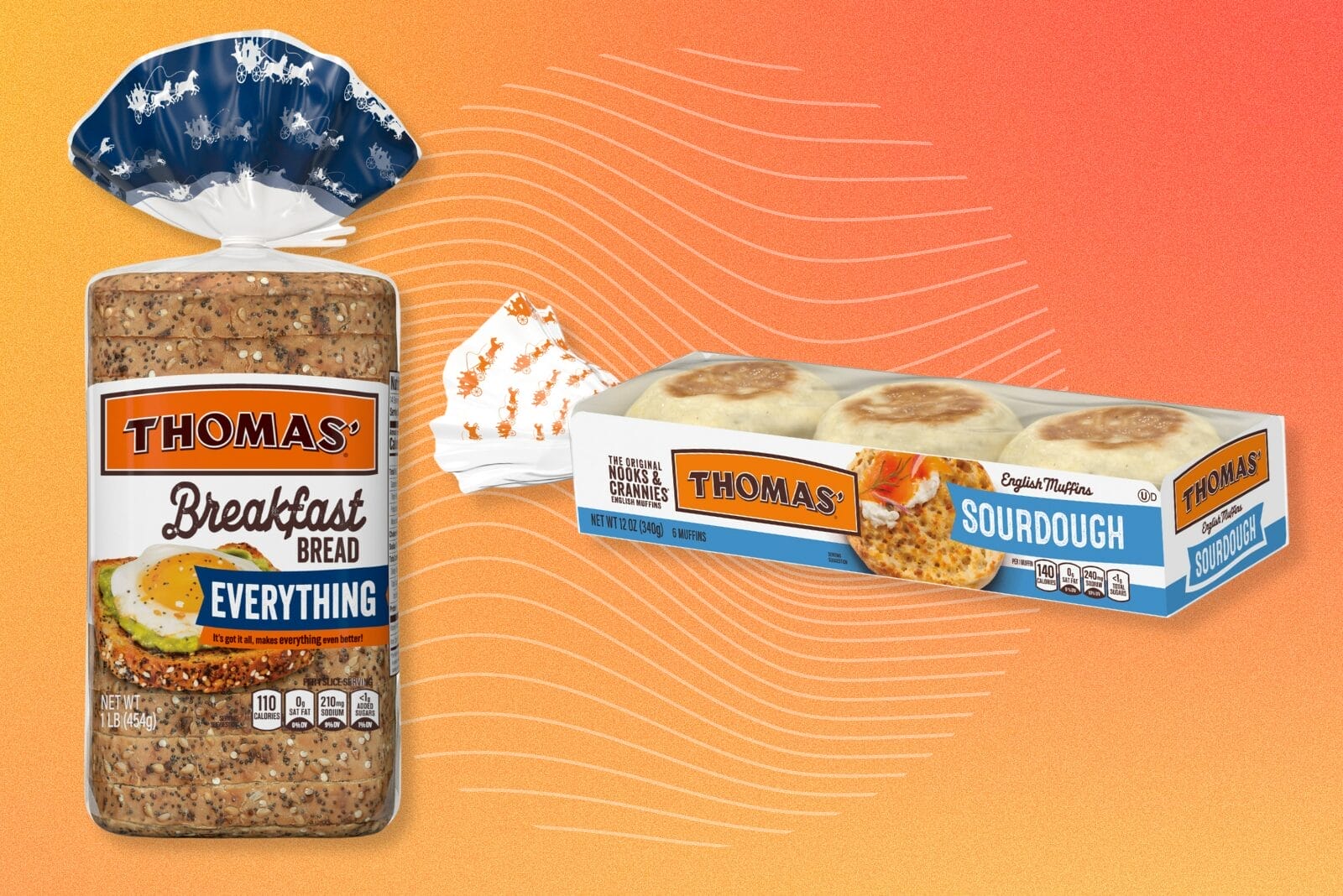 Package of Thomas' Sourdough English Muffins and new Everything Breakfast Bread