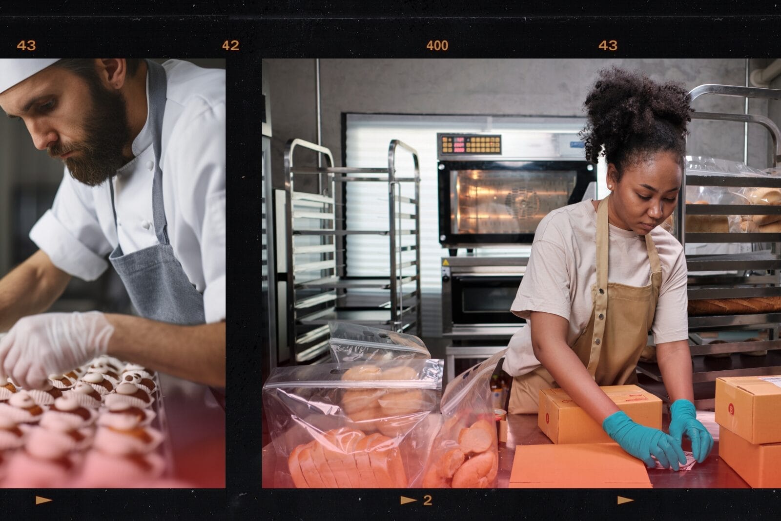 Photo strip showing low-angle view of baker decorating batch of cupcakes in commercial kitchen and a woman packing fresh-baked bread and pastries in boxes