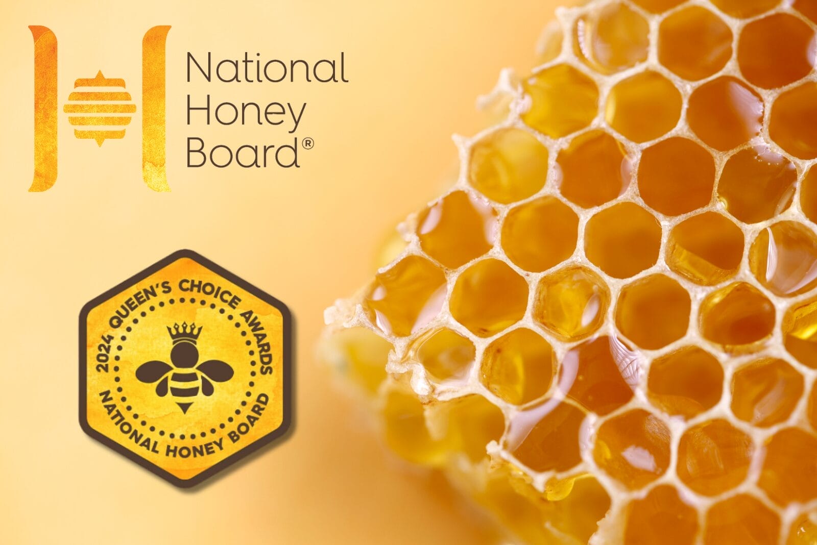 The National Honey Board and Queen's Choice Award logos on honeycomb background.