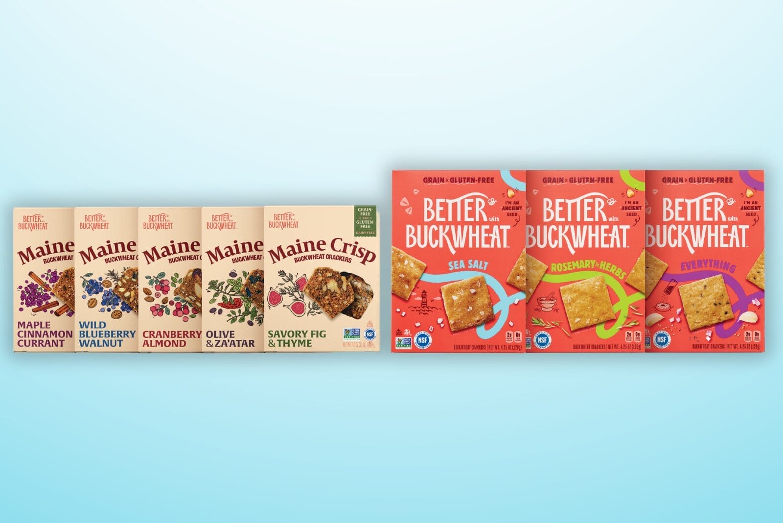 Boxes of Maine Crisps and Better With Buckwheat crackers on gradient background.