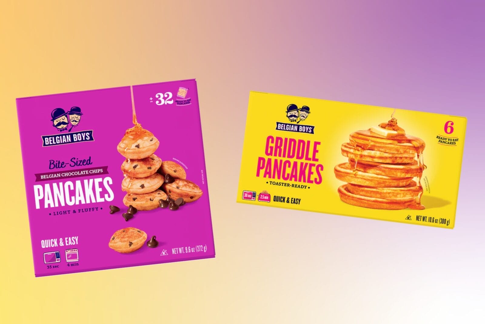 New Belgian Boys products, Griddle Pancakes and Bite-Sized Belgian Chocolate Chip Pancakes, with a gradient background