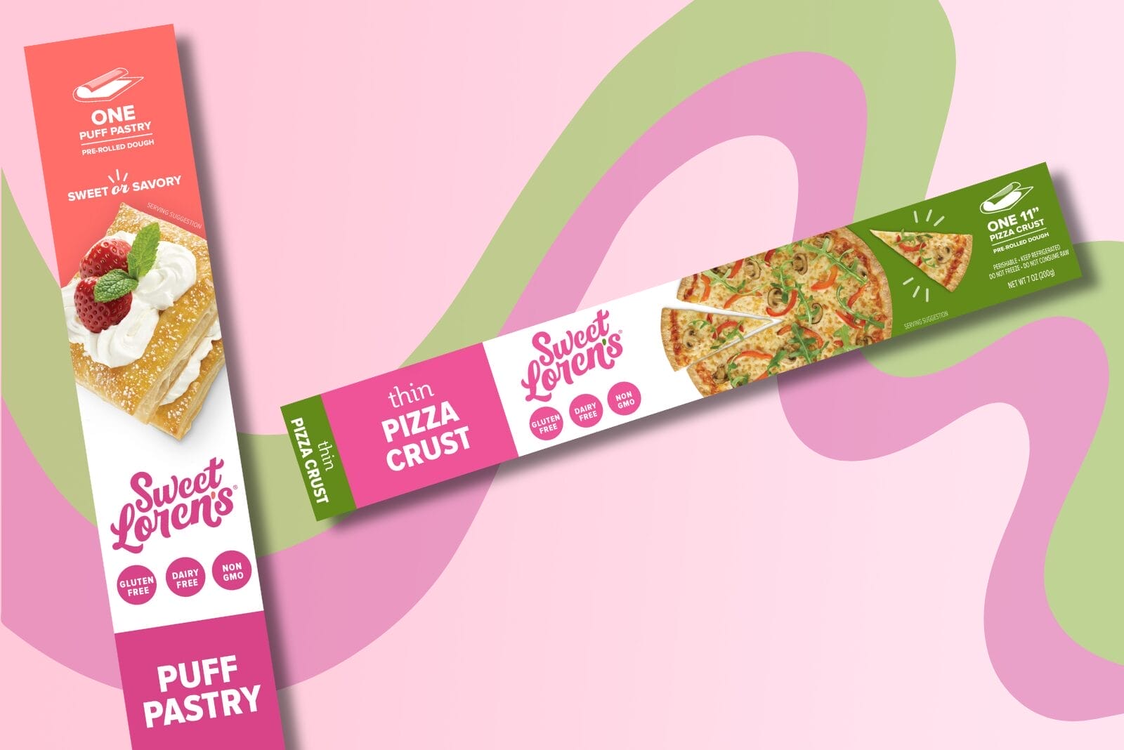 Puff Pastry and Thin Pizza Crust packages on pink and green gradient, swirl background.