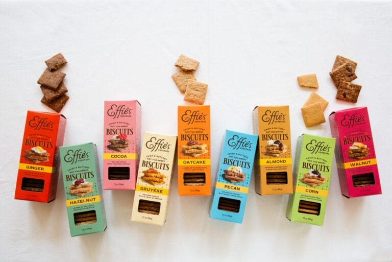Packages of Effie's Homemade crackers on table.