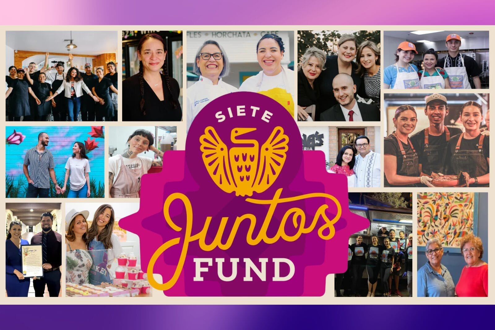 Collage of recipient winners with Siete Juntos Fund logo in the the middle.