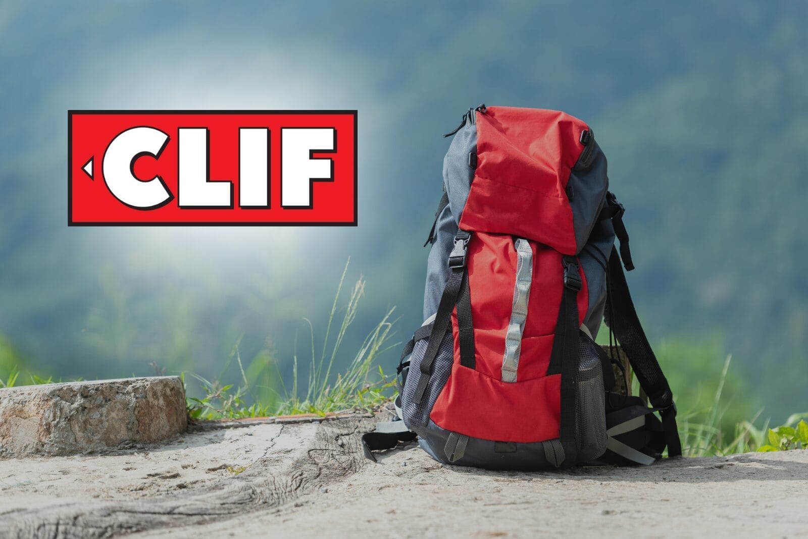 Clif logo against a mountain backdrop with a red hiking bag.