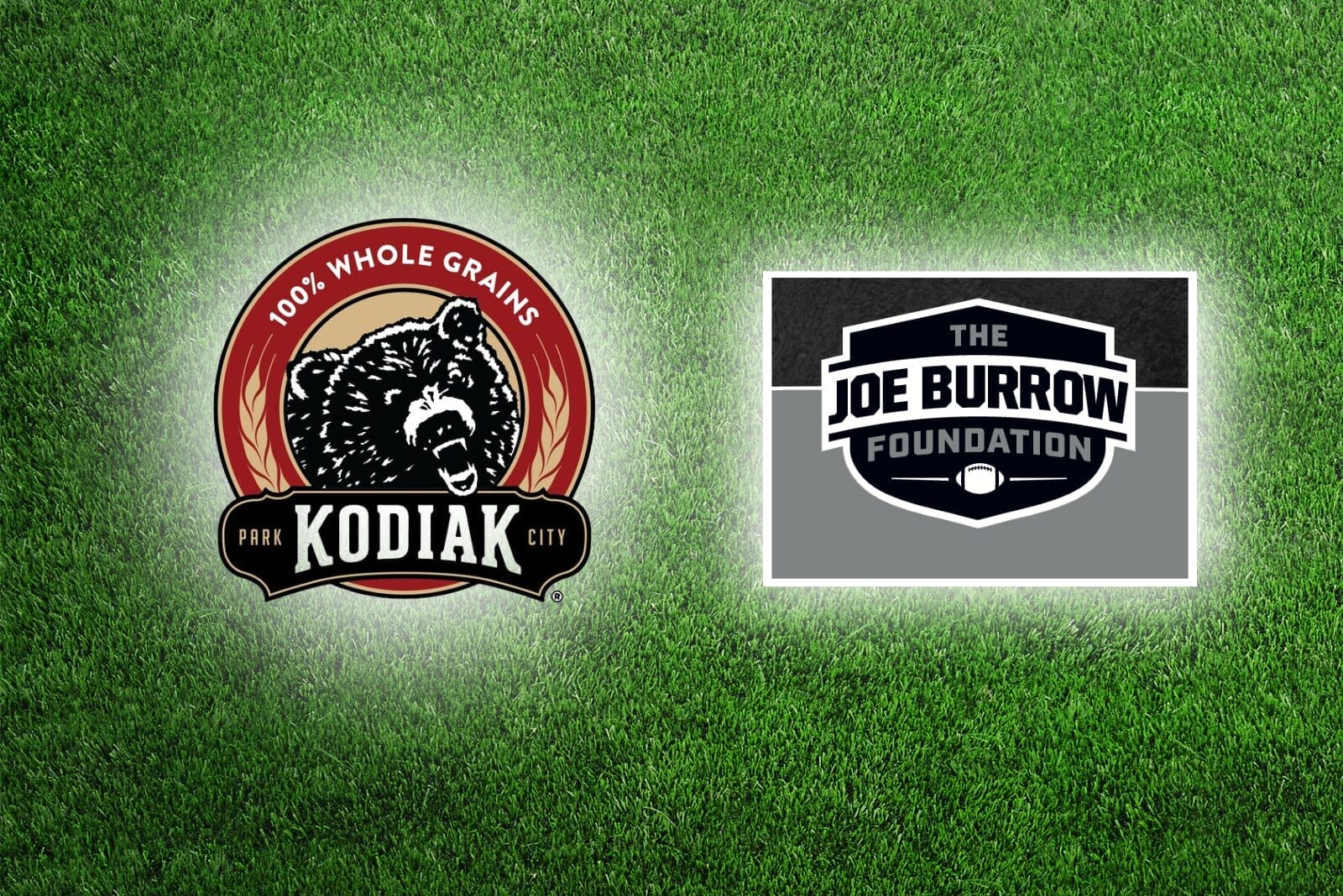 Kodiak and Joe Burrow Foundation logos on football field background.