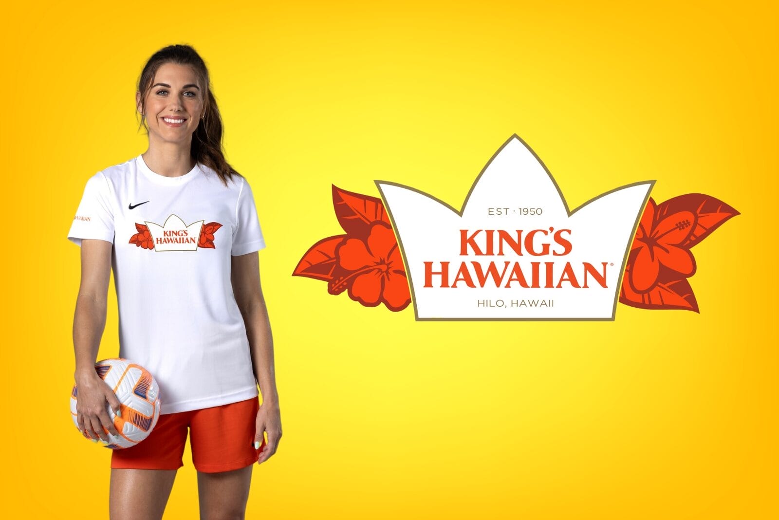 Alex Morgan next to King's Hawaiian Logo on orange background