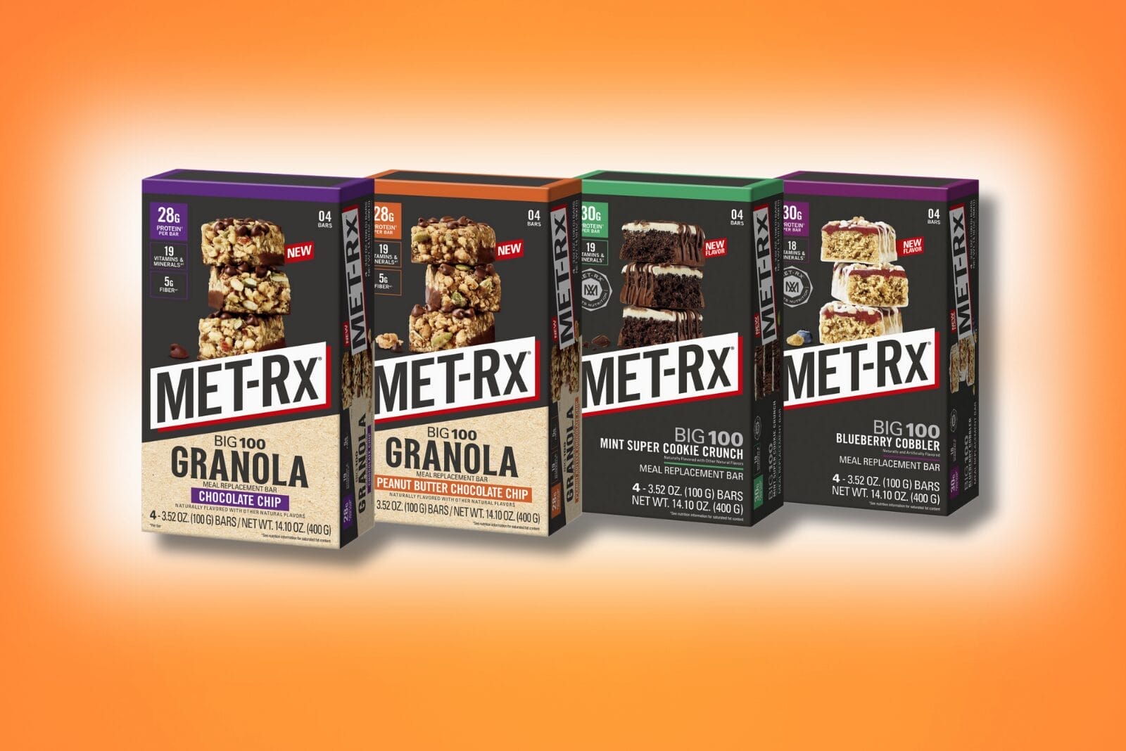 Package of granola and protein bars on gradient orange background.