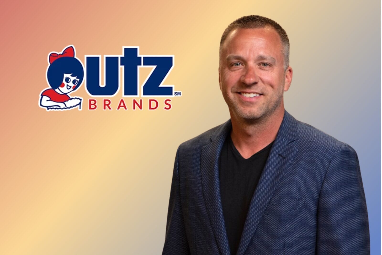 Utz Brands logo and William "B.J." Werzyn Jr. wearing blue sports coat and black v neck t shirt on orange and blue gradient