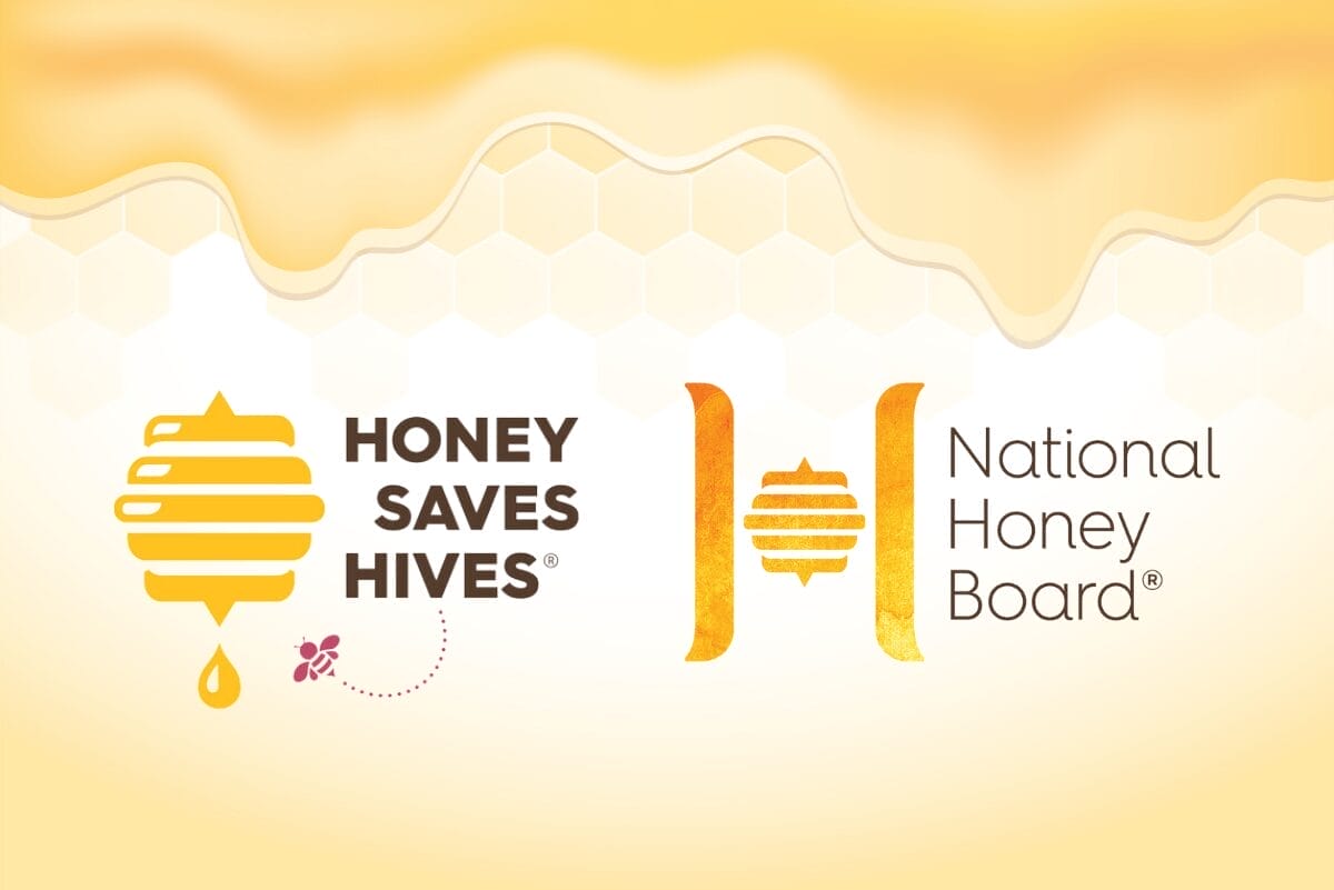 National Honey Board and Honey Saves Hives logos on honey background.