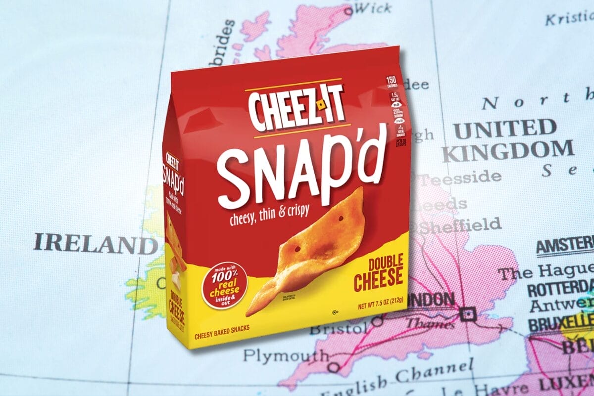 Package of Cheez-It Snap'd on background map of Europe.