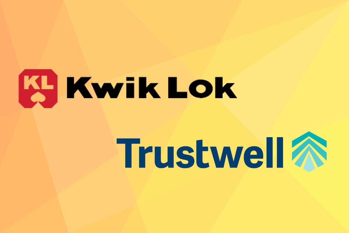 Kwik Lok and Trustwell logos on gradient orange and yellow background.