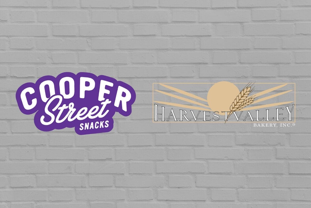 Cooper Street Snacks and Harvest Valley Bakery logos on brick background