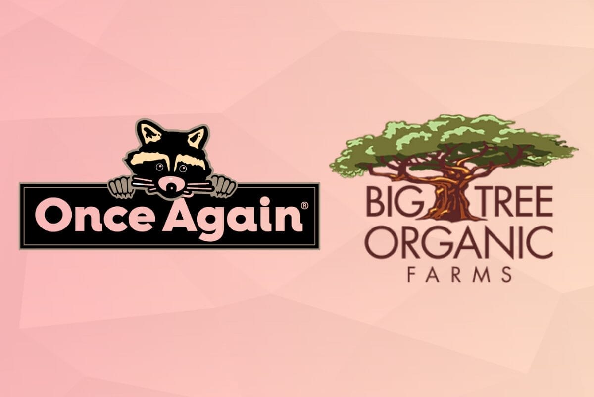 Once Again and Big Tree Organic Farm logos on gradient pink background.