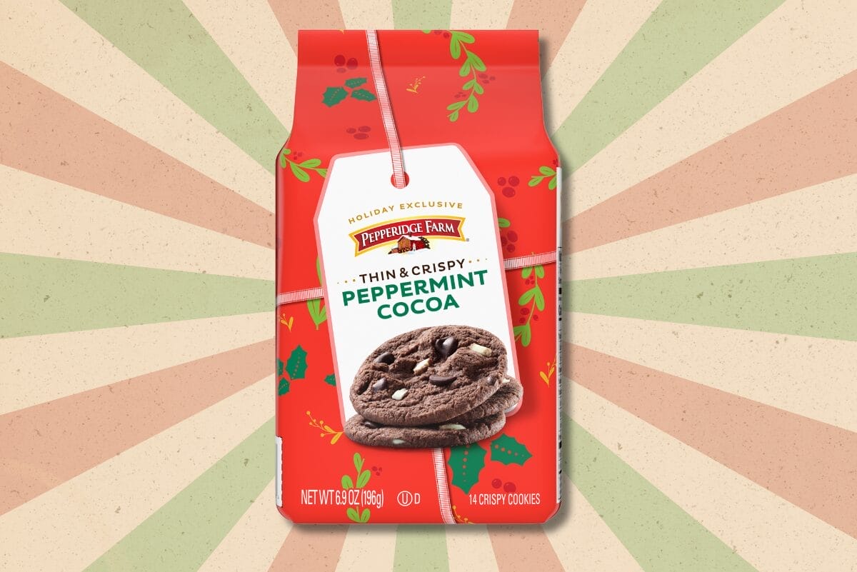 Package of peppermint cookies on swirly red and green background.