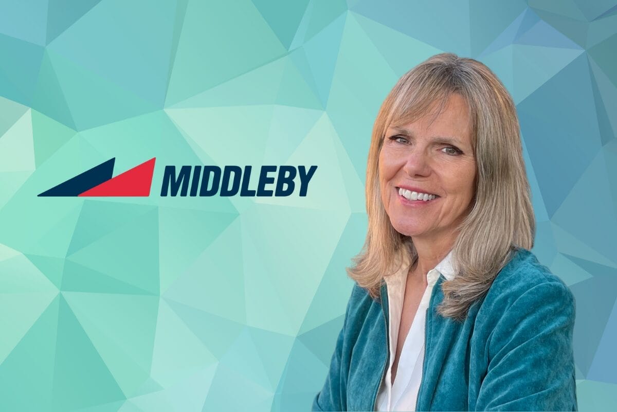 Middleby logo next to Carolynn Coiner on teal geometric background