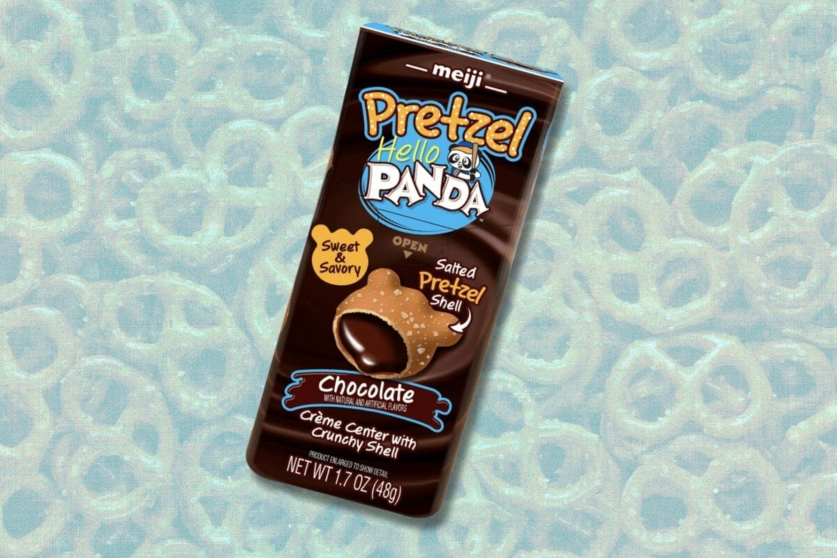 Package of Meiji Hello Panda Pretzels on blue packground with faded pretzels.