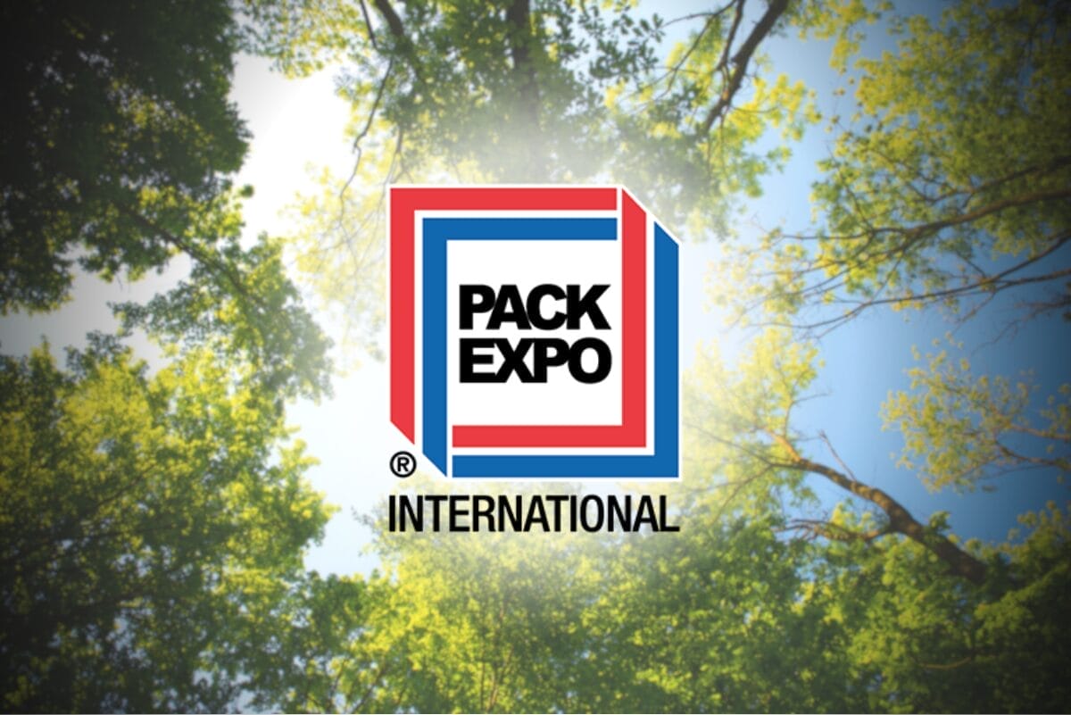 Pack Expo International logo on background of trees and sunlight.