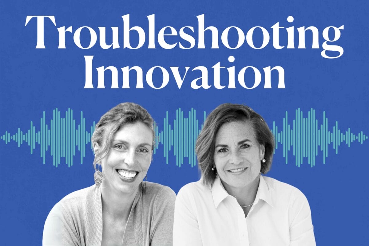 Headshots of Joanie Spencer and Markey Culver on blue background with the Troubleshooting Innovation logo.