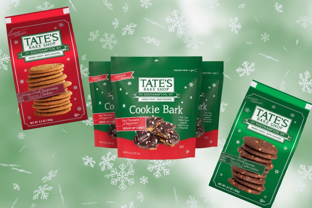 Tate's Bake Shop Gingersnap Cookies, Dark Chocolate Peppermint Bark and Chocolate Toffee Cookies packages