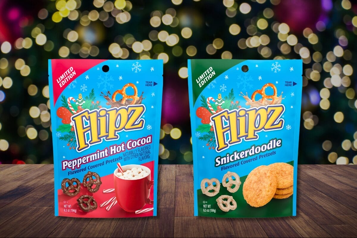 New Flipz Snickerdoodle and Flipz Peppermint Hot Cocoa flavor-covered pretzels