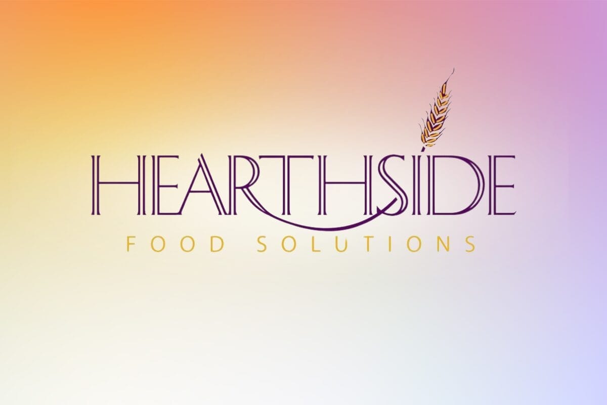 Hearthside Food Solutions logo on purple and orange gradient background