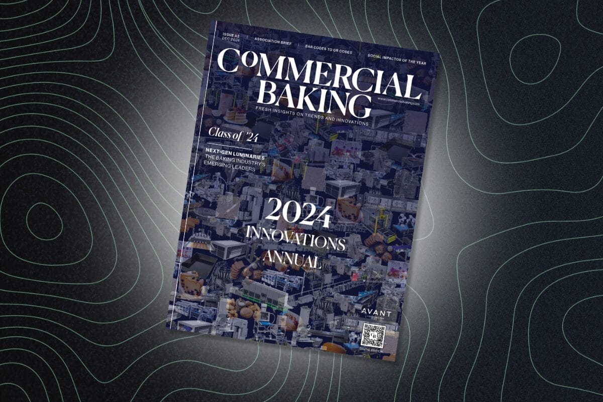 Cover of Commercial Baking 2024 Innovations Annual on black background with white curved lines