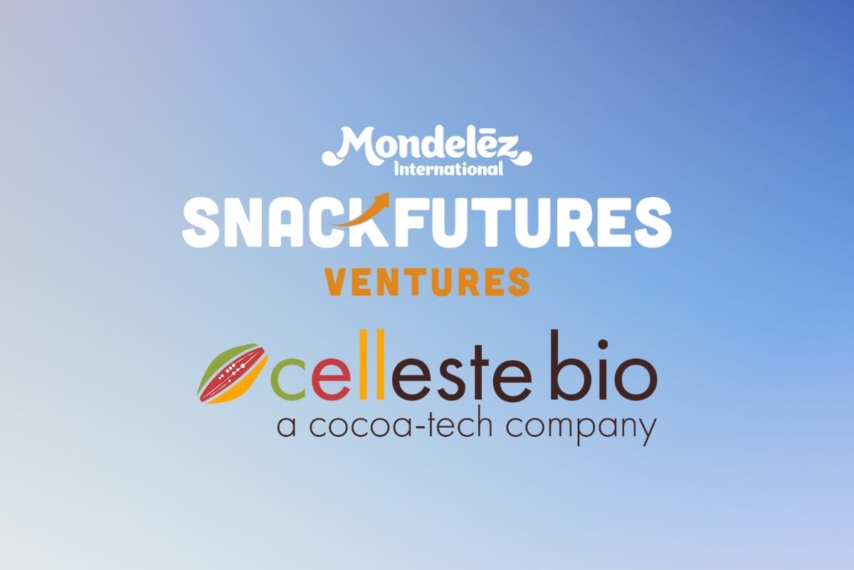 SnackFood Ventures and Celleste Bio (a cocoa-tech company) logos on gradient blue background.