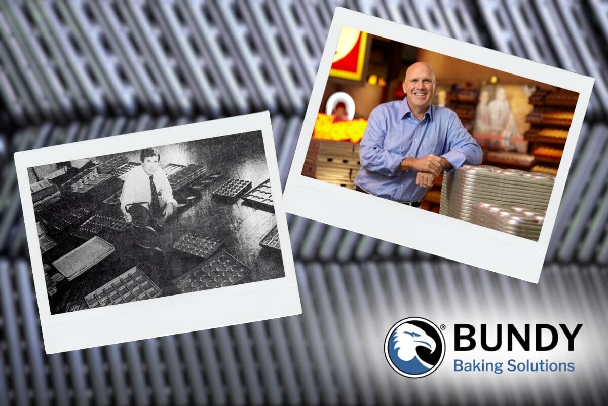 Polaroid photos of Gill Bundy and Bundy Baking Solutions founder on image of baking tray rows