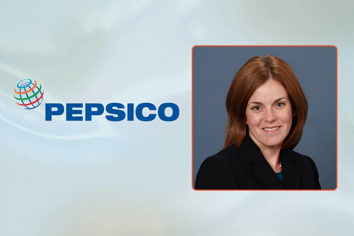 Headshot of Christine Tammara on gradient blue background with PepsiCo logo.