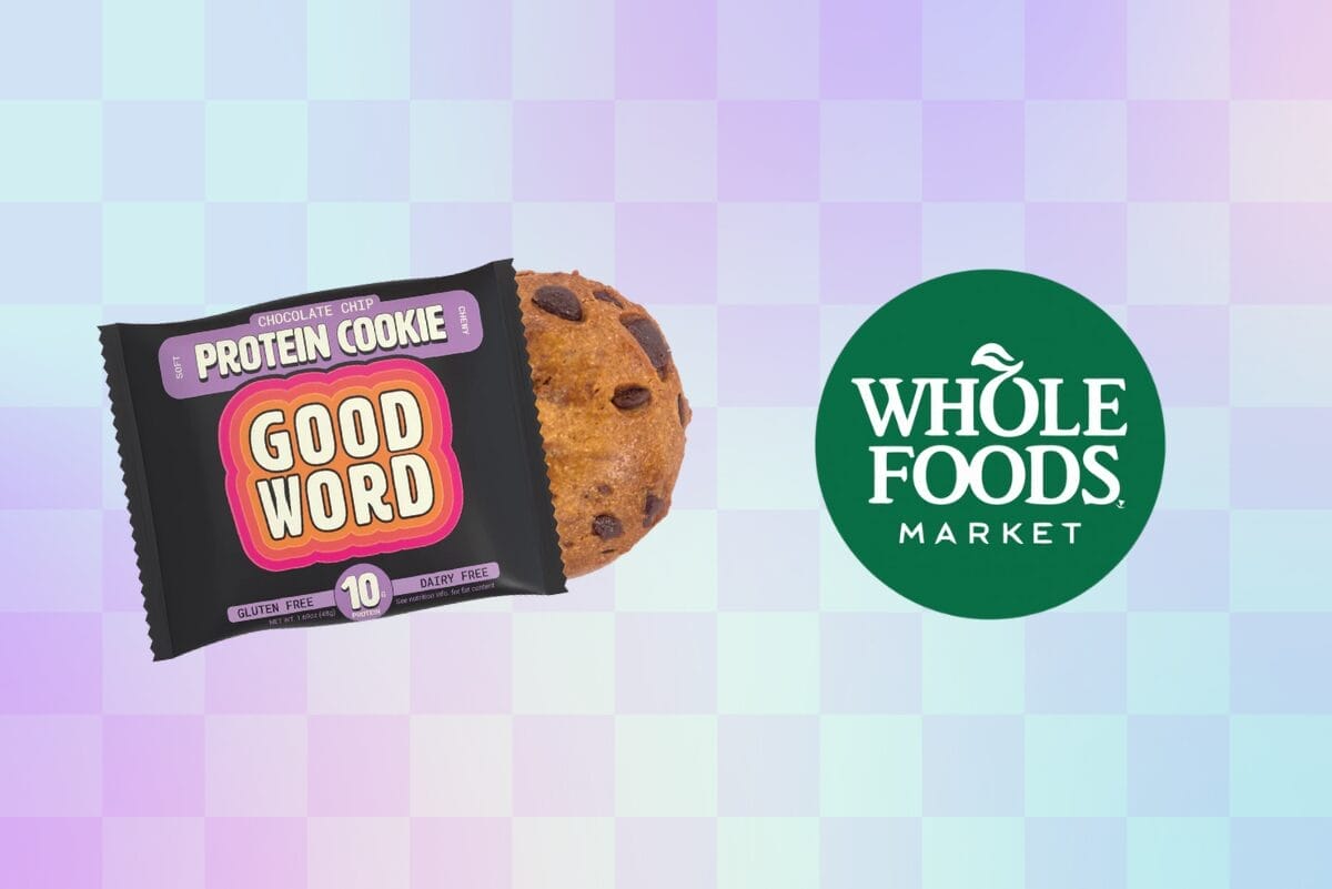 Good Word Chocolate Chip protein cookie and Whole Foods Logo