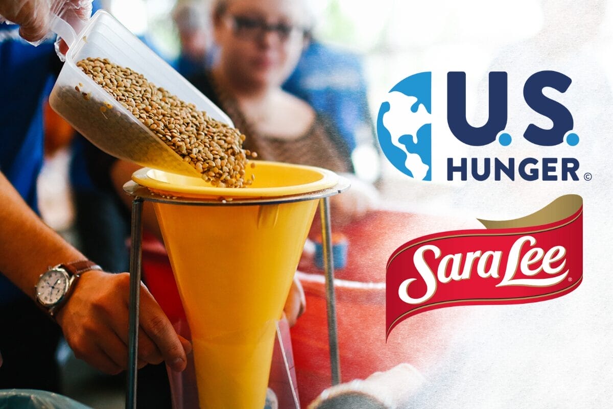 US Hunger and Sara Lee Bread logos to right of image of someone pouring food through a funnel