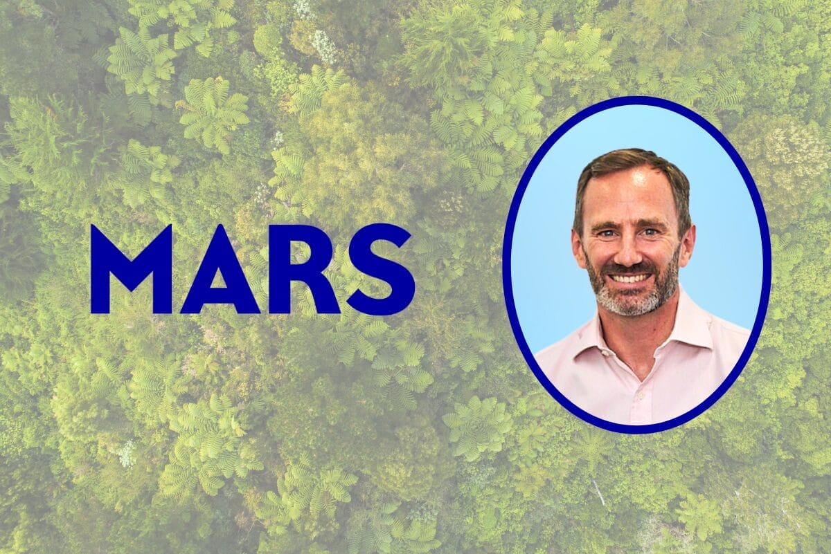 Mars Inc logo and image of Alastair Child in blue frame over green background