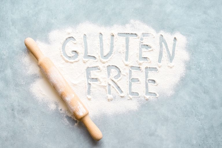 rolling pin and flour with Gluten Free traced out