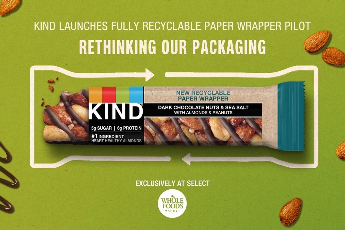 Photo of individiually wrapped Kind Snacks Dark Chocolate Nuts & Sea Salt bar with paper wrapper