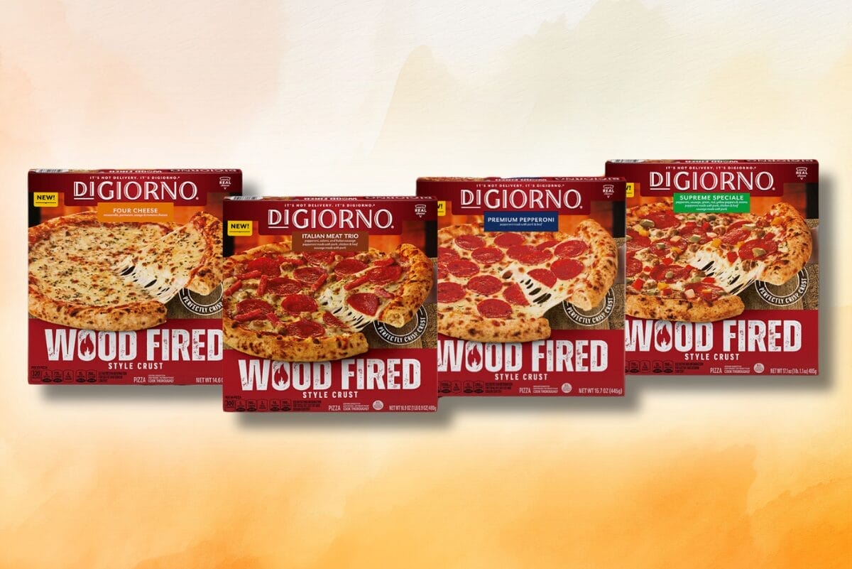 DiGiorno wood fired pizzas on gradient orange background